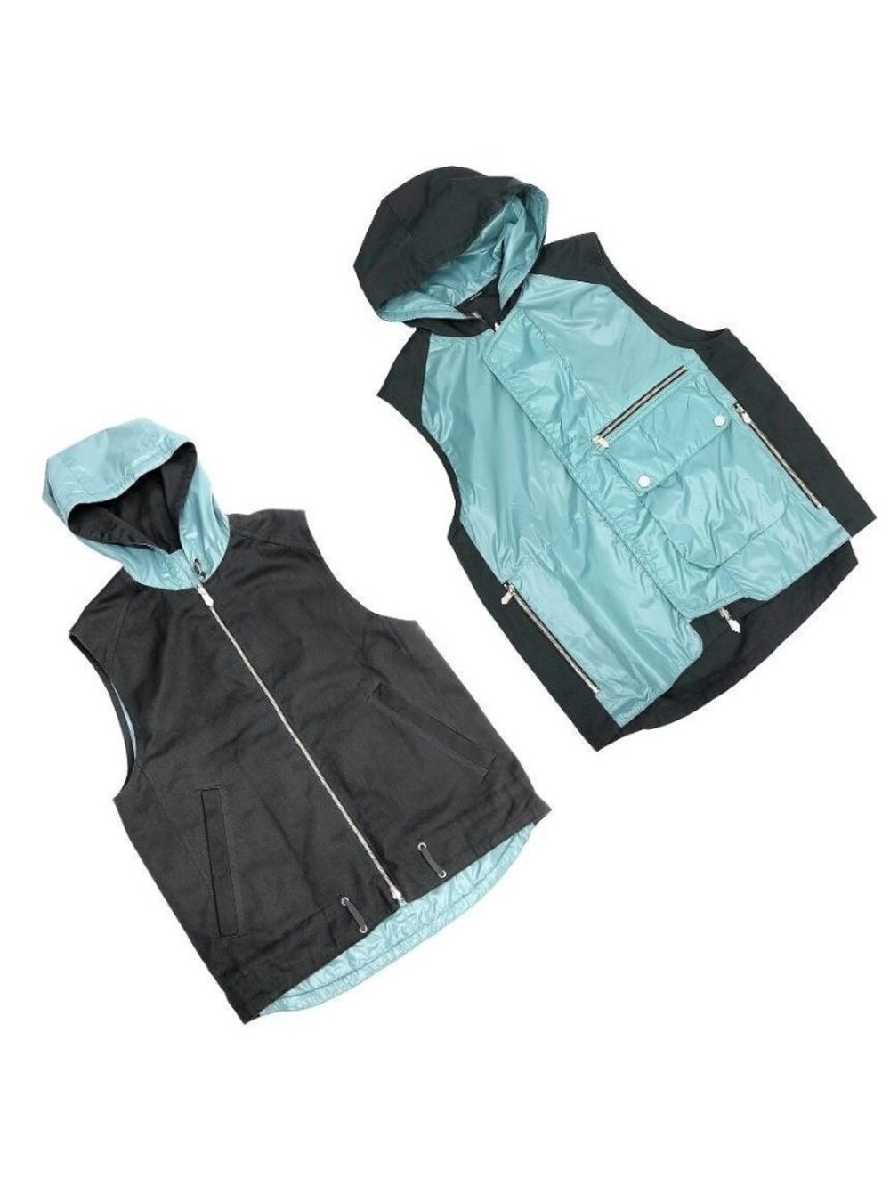 Hermes Hooded Vest Reversible Light Blue Khaki Vintage